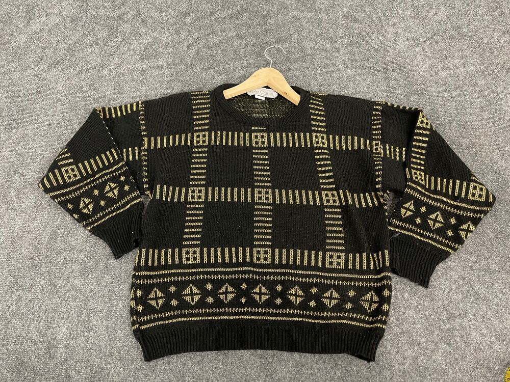 Kate Collins Sweater Womens Large Black Vintage Crop Geometric Made In USA N37